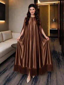 Auveirra 大尺碼時尚優雅正式緞面洋裝，流蘇下擺，晚餐正式晚宴穿搭，柔黃色，夏季 - 棕色 - 查看 6