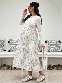 SHEIN 孕婦綠色長袖圓領休閒百搭洋裝，秋季女裝穿搭 - 白色 - 查看 9