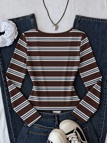 Tween Girls Autumn New Knit Square Neck Casual Slim Fit Long Sleeve T-Shirt - Multicolor - View 2