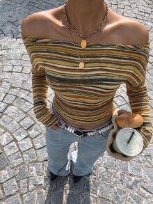Muchica Women's Striped Off-Shoulder Casual Daily Long Sleeve T-Shirt - Multicolor - View 6