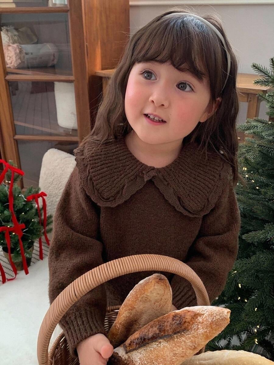 DAZY Baby Girl Turn Collar Long Sleeve Sweater, Autumn/Winter - Chocolate Brown - View 1