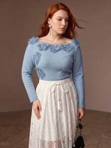 MOTF PREMIUM PLUS SIZE WOMEN'S AUTUMN/WINTER KNIT 3D FLORAL T-SHIRT - Dusty Blue - View 4