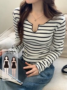 Dazy Tall Women's Striped Casual Long Sleeve T-Shirt - Black and White - View 1