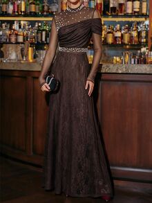 Amorya Women's Faux Pearl Decorated Lace Dress - Coffee Brown - View 8