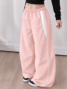 SHEIN Sparklyn 青少年女孩直筒白色冬季Y2K返校經典休閒長褲，春秋款雙層腰頭，舒適運動衫材質 - 粉色 - 查看 1