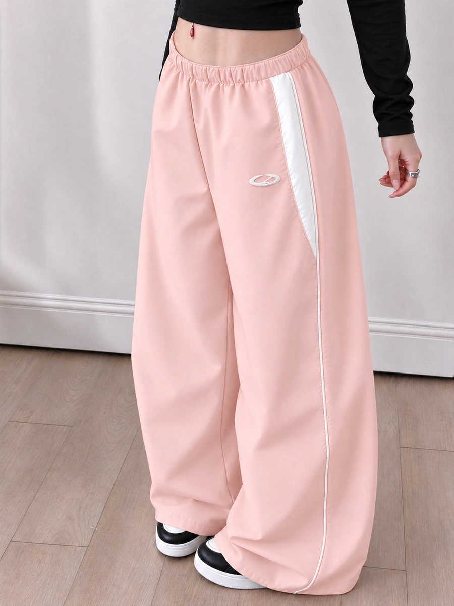 SHEIN Sparklyn 青少年女孩直筒白色冬季Y2K返校經典休閒長褲,春秋款雙層腰頭,舒適運動衫材質 - 粉色 - 查看 1