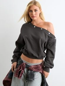 BAD SUNDAY Women's Long Sleeve Asymmetrical Shoulder Fitted Top With Metal Buckle Decor, Y2K Style, Versatile For Autumn/Winter - Dark Grey - View 7