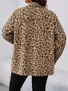 SHEIN LUNE 大尺碼女款豹紋長袖單排扣休閒街頭風膠囊衣櫥西式工裝口袋外套，秋季外出穿搭，棕色 - 彩色 - 查看 2
