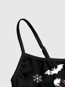 ROMWE Goth Women's Striped Dark Cat Print Camisole Tank Top - Black - View 3