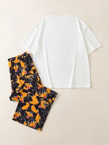 LOONEY TUNES X SHEIN Men's Letter Cartoon Print Short Sleeve Top And Long Pants Casual Daily Home Wear Set - Black and White - View 2