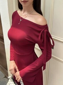 MainGRL Women's Red Knitted Off-Shoulder Long Casual Versatile Sweet And Spicy Sleeve Long Dress - Red - View 5