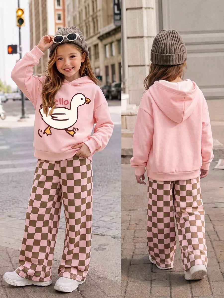 Young Girl Sweet & Cute Duck Print Hoodie And Plaid Pants Set For Christmas - Multicolor - View 1