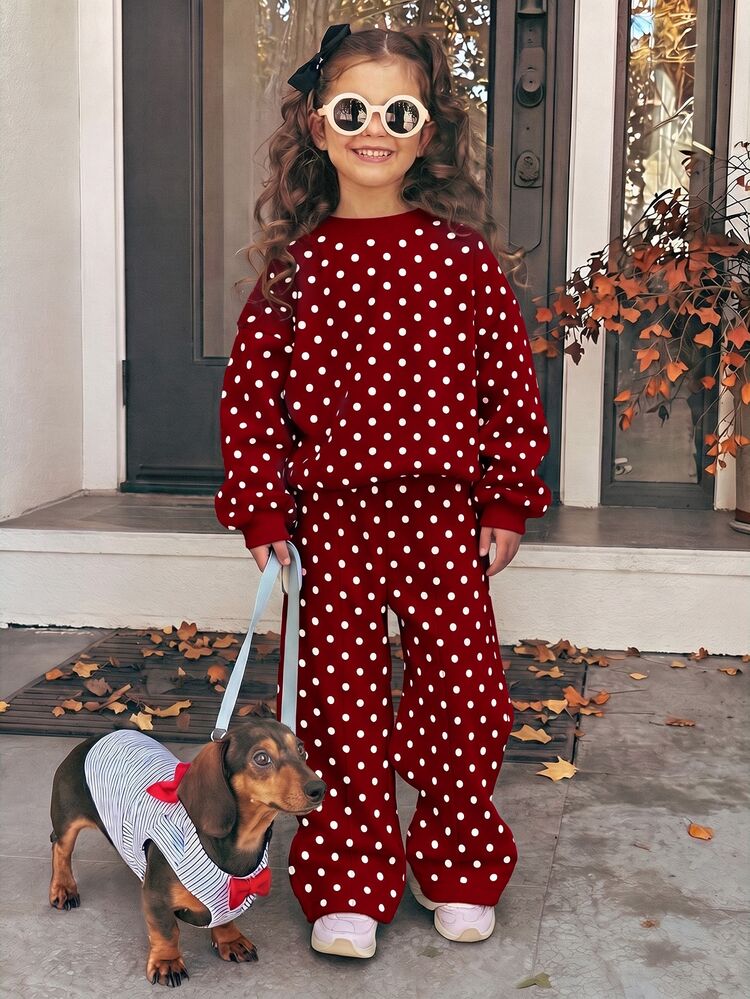 Young Girl, Vintage Sweet Cute Polka Dot Pattern, Casual Loose Drop Shoulder Long Sleeve Sweatshirt And Pleated Wide Leg Sweatpants Set, Fleece Lined, Korean Style, Comfortable, Fashionable Children's Clothing, Y2K, Kawaii, Party, Daily, Vacation, Cute, Comfortable, Fleece Lined - Multicolor - View 2