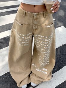 Muchica Women's Casual Everyday Denim Jeans With Pocket, Button And Slogan Graphic - Khaki - View 1
