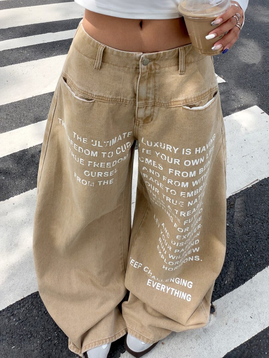 Muchica Women's Casual Everyday Denim Jeans With Pocket, Button And Slogan Graphic - Khaki - View 1