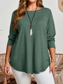 EMERY ROSE Plus Size Fall Women Solid Round Neck Long Sleeve Casual T-Shirt,Spring/Summer/Vacation - Dark Green - View 5