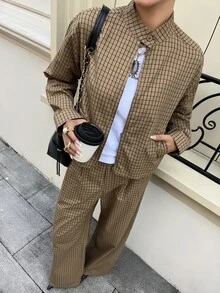 Livesso Autumn/Winter Coffee Brown Round Neck Long Sleeve Slim Fit Waist Top With High Waist Loose Wide Leg Pants Women 2 Pieces Set - Coffee Brown - View 1