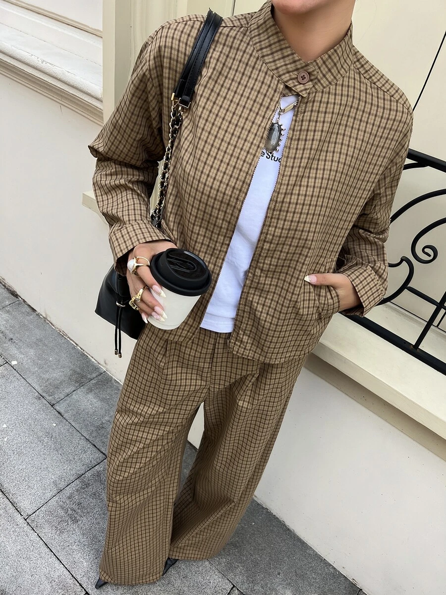 Livesso Autumn/Winter Coffee Brown Round Neck Long Sleeve Slim Fit Waist Top With High Waist Loose Wide Leg Pants Women 2 Pieces Set - Coffee Brown - View 1