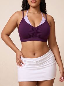 Plus Size Ruched 2 In 1 Sports Bra - Purple - View 4