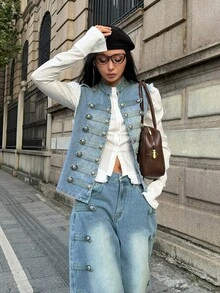 StreetHx Fashion Street Style Rivet Button Denim Jacket - Light Wash - View 6