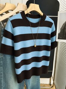 Franclia 新款春夏韓系簡約休閒寬鬆條紋拼接女款針織上衣 - 棕色 - 查看 5