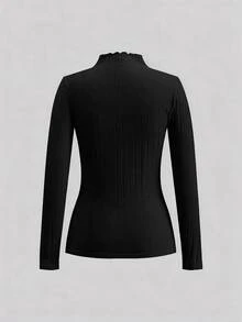 SHEIN Frenchy 女款 93% 棉羅紋 2 件組 黑/藍長袖基礎 T 恤－居家休閒/通勤/旅行/四季皆宜 - 黑色 - 查看 10