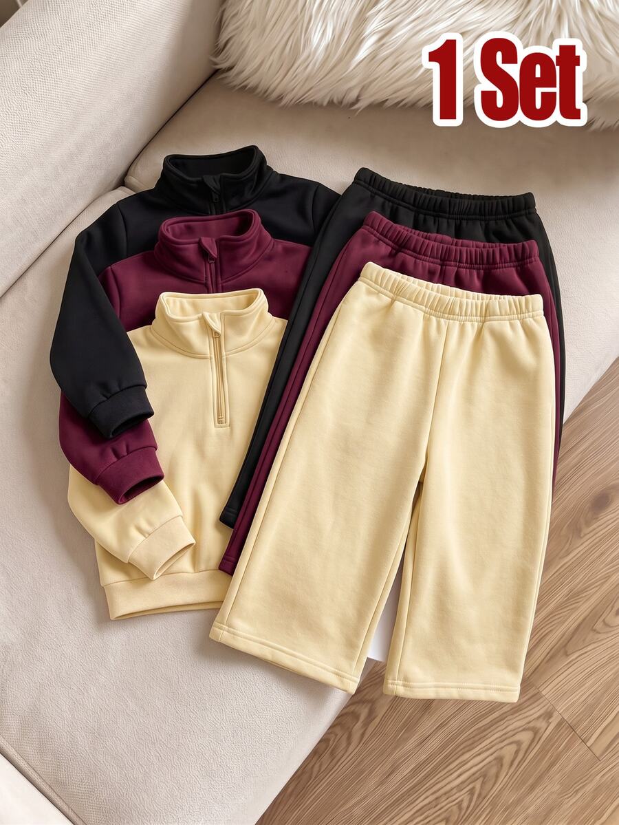 SHEIN 1套嬰兒女童與男童純色拉鍊立領抓絨衛衣與寬腿運動褲套裝,秋冬幼兒外套套裝 - 彩色 - 查看 1