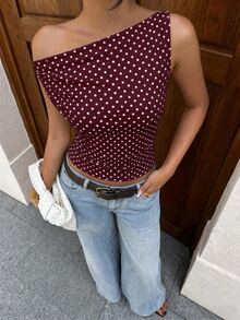 Siren Gaze 女款休閒性感露肩抓皺修身背心，波點背心，女款夏季服飾，適合日常通勤、約會、派對、秋冬春夏、聖誕節、新年、感恩節、派對、婚禮、海灘、畢業、時尚、優雅、休閒、外出、約會、預約、通勤，酒紅波點 - 彩色 - 查看 6