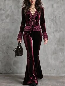 Breezaya Burgundy Velvet & Lace Ruffle 2 Pieces Set, Autumn Vintage Evening / Date Outfit - Burgundy - View 3