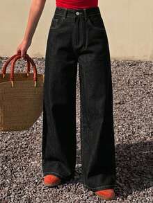 Livesso Petite High Waist Wide Leg Jeans Fall - Black - View 2