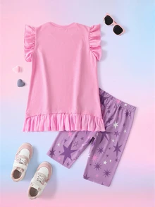 My Little Pony X SHEIN Tween Girl Letter Cartoon Print T-Shirt And Shorts Casual Daily Outfit Set - Pink - View 3