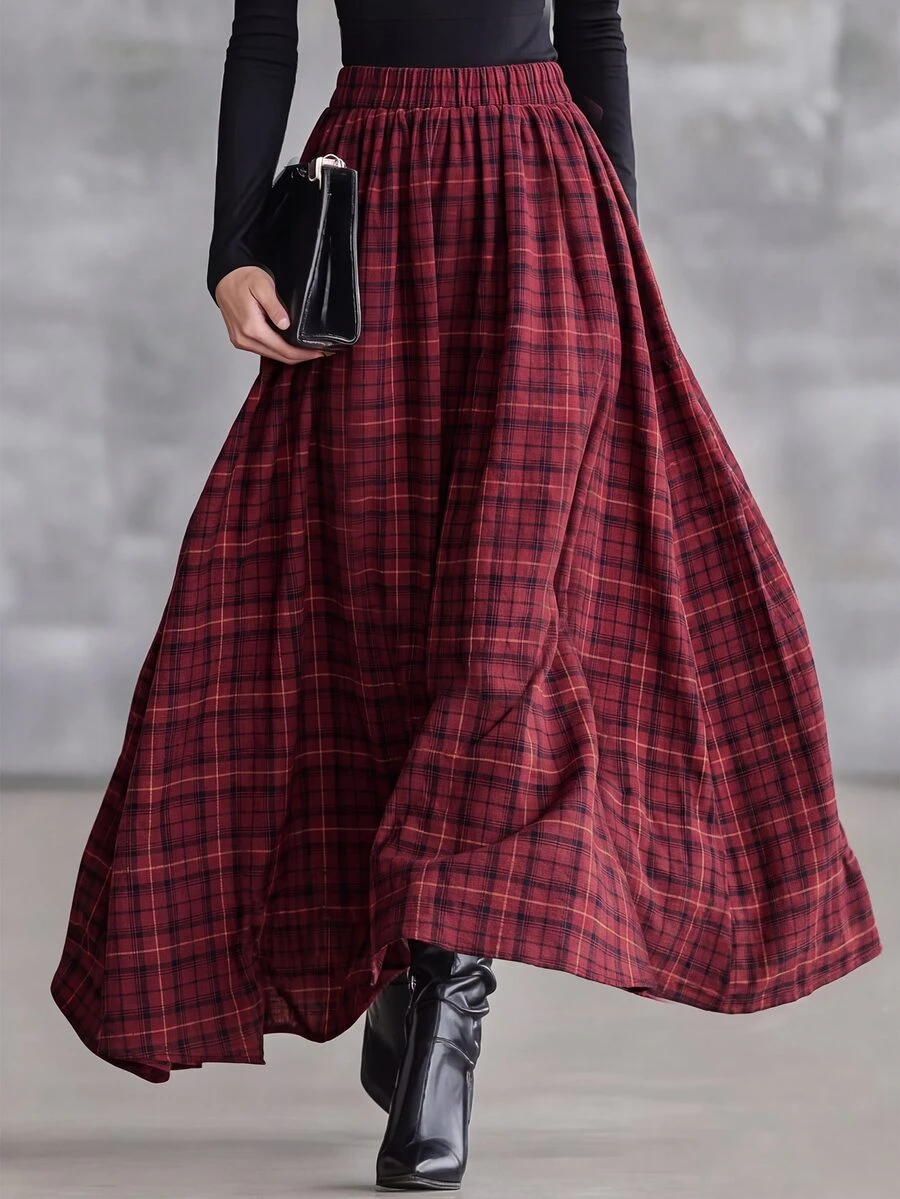 SHEIN Holidaya Chân váy chữ A kẻ caro đỏ phong cách vintage thường ngày đa năng cho nữ - Đỏ - Xem 1