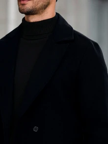 Manfinity Mode 男士純色翻領長袖雙排扣長款休閒大衣，秋冬男士外套，黑色 - 藏蓝色 - 查看 5