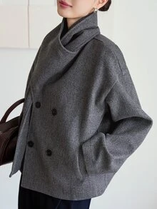 Dazy-Less Women's Winter Grey Lapel Long Sleeve Double-Breasted Solid Color Loose Casual Versatile Overcoat - Grey - View 5