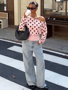 Muchica 女款針織字母印花不對稱肩收腰短版長袖T恤，適合外出、街頭風、Y2K、秋季女裝 - 粉色 - 查看 6