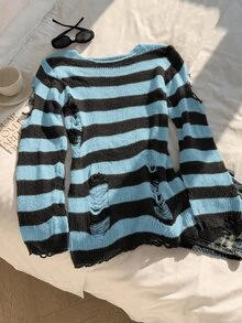 SHEIN EZwear 條紋破洞設計針織毛衣，長袖上衣，秋冬款 - 藍色 - 查看 4
