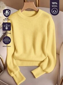 SHEIN BASICS 女款休閒百搭米白色圓領長袖針織毛衣，秋季女裝，適合上班、日常、居家、辦公室穿搭 - 淡黃色 - 查看 2