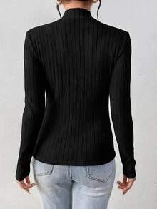 SHEIN Frenchy 女款 93% 棉羅紋 2 件組 黑/藍長袖基礎 T 恤－居家休閒/通勤/旅行/四季皆宜 - 黑色 - 查看 6