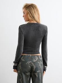 BAD SUNDAY Women's Autumn/Winter 2 In 1 Washed Tie-Front Knit Top, Vintage Y2K Style - Grey - View 2