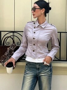 Livesso Women's Light Gray Washed Loose Fit Long Sleeve Cropped Denim Jacket With Collar, Buttons And Pocket Decor, Autumn - Light Grey - View 6