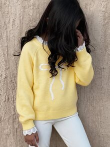SHEIN Tween Girl CasualPullover Sweater, Elegant Embroidery Lace Trim Heart Embroidery Loose Raglan Sleeve Pullover Sweater, Soft Comfortable Thickened - Yellow - View 3