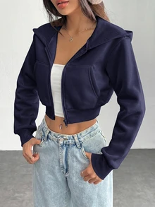 SHEIN PETITE 白色女款純色前拉鍊長袖口袋極簡連帽外套，休閒秋季日常穿著，返校教師穿搭，適合嬌小女性 - 藏蓝色 - 查看 7