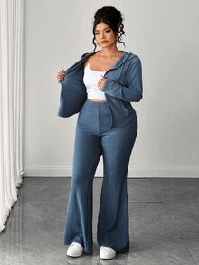 Elenzga Plus Size Women's Elastic Vertical Ribbed Knit Blue Hooded Zip-Up Top With Curved Hem And High-Waist Flared Pants, 2 Pieces Set Suitable For Birthday Party, Couple Date, Afternoon Tea, Photo Shoot, Light Evening Party - Blue - View 3