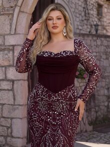 Glamrae Plus Size Elegant Luxury New Beaded Sequin Embroidered Lace Bubble Patchwork Elastic Knit Ruched Mermaid Dress With Puff Sleeves, Suitable For Wedding Events, Bachelorette Party, Vacation, Prom, Evening Gown (Intricate Design) - Burgundy - View 3