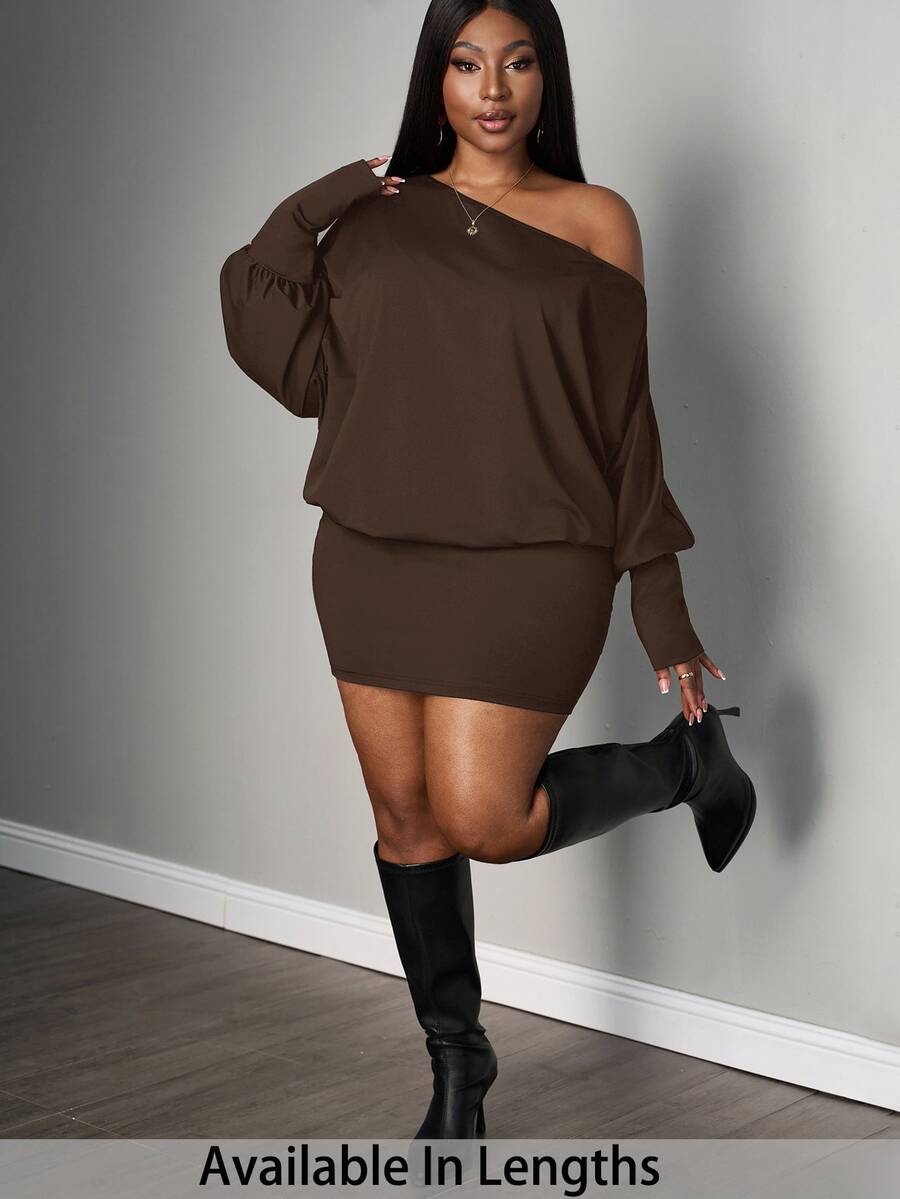 SHEIN PETITE CURVE Plus Size Solid Color Sexy Casual One Shoulder Long ...
