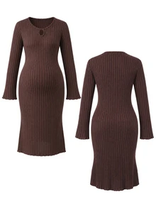 Moonlight&Mama Maternity Solid Color Casual Daily Home Wear Dress - Redwood - View 5