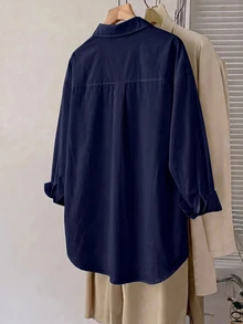 SHEIN CURVE+ 大尺碼秋冬寬鬆白色基本款長袖鈕扣襯衫上衣，2026 22W - 藏蓝色 - 查看 6