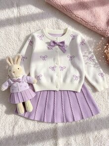 SHEIN 女童純色針織蝴蝶結圖案毛衣與裙子套裝 2件組，適合秋冬穿著 - 紫色 - 查看 2