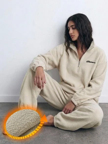 DAZY Women's Letter Pattern Long Sleeve Thermal Lined Sweatshirt And Pants Casual Pajama Set - Khaki - View 7