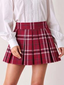 SHEIN 青少年女孩格紋百褶迷你裙褲，學院風校園風 - 紅色 - 查看 3